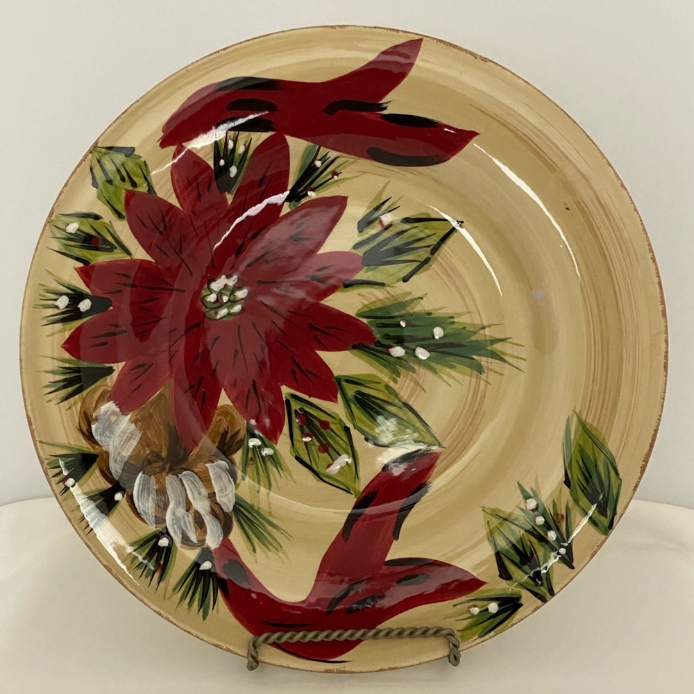 (2) Poinsettias Christmas Carol Red Floral Dinner Plate Holiday Serving Platter